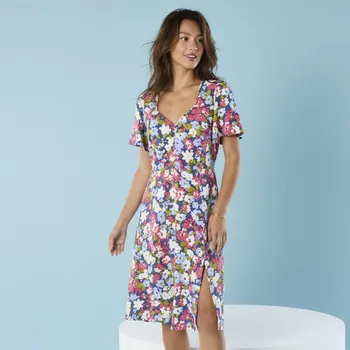 Dámské šaty Midi šaty s potiskem, pro menší postavu modrá/růžová 40