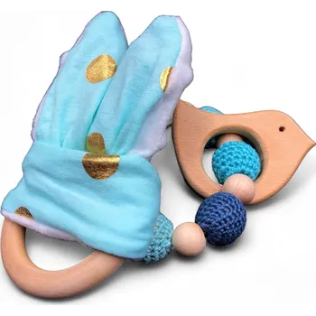 Dřevěné kousátko pro miminko, senzorické, s chrastítkem. Kousátko/chrastítko pro děti, dřevo a textil, modré