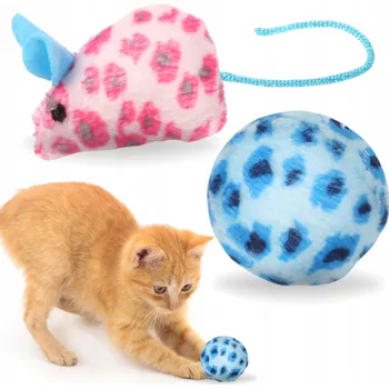 Hračka pro kočku SADA 2 ks, Plyšová myška s ocasem pro kočky, chrastící míček