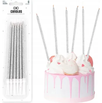 Dortová svíčka STŘÍBRNÉ SVÍČKY S SE TŘPYTKAMI 6 Ks DEKORAČNÍ NA DORT NAROZENINOVÉ OZDOBY