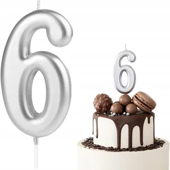 Dortová svíčka STŘÍBRNÁ SVÍČKA ČÍSLICE 6 ŠEST SVÍČEK STŘÍBRO DEKORATIVNÍ NA DORT