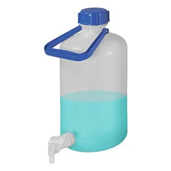 Krycí sklíčko k mikroskopu Lahve se širokým hrdlem z PE-HD, vypouštěcí kohout, s úchytem a šroubovacím uzávěrem, 5 litrů