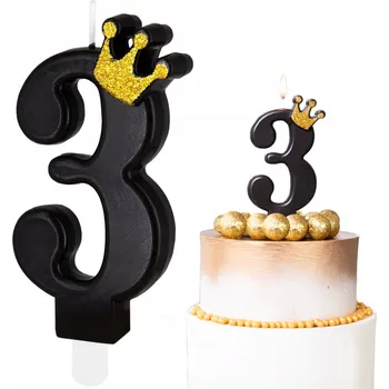 Dortová svíčka ČERNÁ SVÍČKA ZLATÁ KORUNA ČÍSLICE 3 TŘI DEKORATIVNÍ SVÍČKY NA DORT