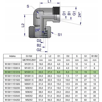 Posilovač řízení Hydraulické koleno metrické AB M16x1.5 10L