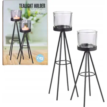Svícen SVÍCEN NA ČAJOVÉ SVÍČKY 2 KS ČERNÝ LOFT KOVOVÝ SKLENĚNÝ
