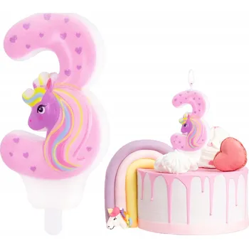 Dortová svíčka SVÍČKA JEDNOROŽEC ČÍSLICE 3 TŘI SVÍČKY RŮŽOVÉ DEKORATIVNÍ NA DORT