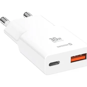 Swissten tenký síťový adaptér GaN USB-C + USB-A 30w bílý