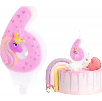 Dortová svíčka SVÍČKA JEDNOROŽEC ČÍSLICE 6 ŠEST RŮŽOVÝCH DEKORATIVNÍCH SVÍČEK NA DORT