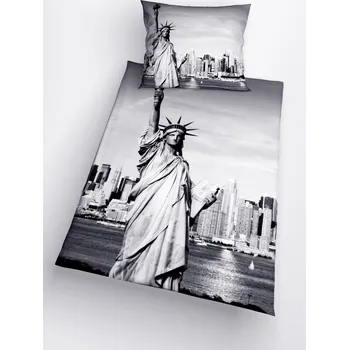 Povlečení Glamonde Povlečení se Sochou Svobody, New York - Liberty šedé 140 x 200, 70 x 90 cm zipový uzávěr
