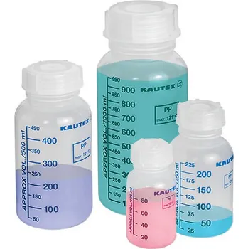 Krycí sklíčko k mikroskopu Lahve se širokým hrdlem z PP, se šroubovacím uzávěrem, s natištěnou stupnicí, 1000 ml, 12 kusů