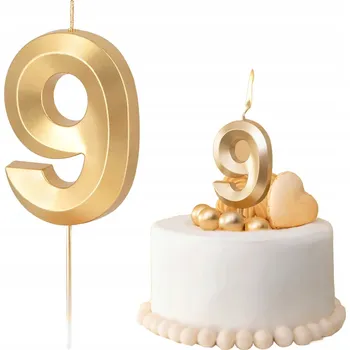 Dortová svíčka ZLATÁ METALICKÁ SVÍČKA ČÍSLICE 9 DEVĚT DEKORATIVNÍCH SVÍČEK NA DORT