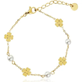 Náramek Flamenco Mystique Náramek z chirurgické oceli pozlacený 14k zlatem s motivem jetele a perlami BST1535