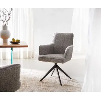 Jídelní židle DELIFE Jídelní židle Heira-Flex s područkami bouclé stříbrně šedá křížová podnož široká černá 360° otočná taštičkové pružiny