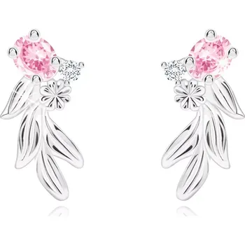 Náušnice Puzetové náušnice ze stříbra 925 - vyřezávané listy, malý květ, růžové a bílé zirkony