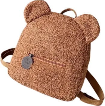 Dětský batoh Plyšový mini batoh 27 x 28 x 13 cm s medvědíma ušima Přední kapsa na zip Měkký plyšový materiál Dětský batůžek Roztomilý doplněk hnědá