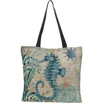 Nákupní taška Taška přes rameno 40 x 40 cm Plážová taška s motivem mořského koníka Lenový vzhled Polyesterová látka Nákupní taška Bez klínu