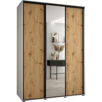 Šatní skříň Šatní skříň s posuvnými dveřmi a zrcadlem DAVOS 170cm | Bílá / DUB Artisan / černé pojezdy