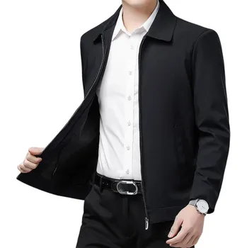 Pánská společenská bunda s límcem Elegantní jarní bunda na zip Stylová bunda ke košili Svrchní bunda do kanceláře Formální vzhled černá XS