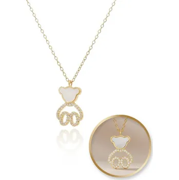 Náhrdelník Flamenco Mystique Pozlacený 14k náhrdelník z chirurgické oceli s perleťovým medvídkem a kubickými zirkonii NST2169