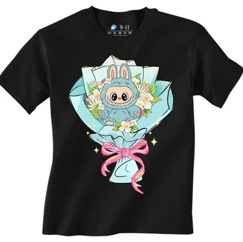 Chlapecké tričko Dětské tričko Modrý Labubu v Kytici (Velikost: 9-11, Barva: Černá)