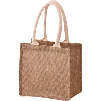 Nákupní taška Nákupní taška 21 x 20 x 12 cm Polyesterová taška s jutovým vzhledem Bavlněná ucha Malá pevná taška na oběd nebo dárky