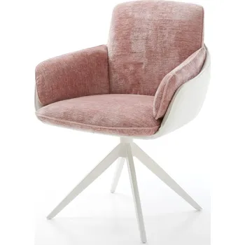 Jídelní židle DELIFE Jídelní židle Luan-Flex s područkami kombinace materiálů pravá kůže bílá-růžová široká křížová podnož bílá otočná o 360° s houpací funkcí