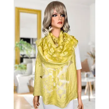Šála Classic Scarf Slavnostní žlutá krajkovaná šála transparentní s hedvábím, tón v tónu