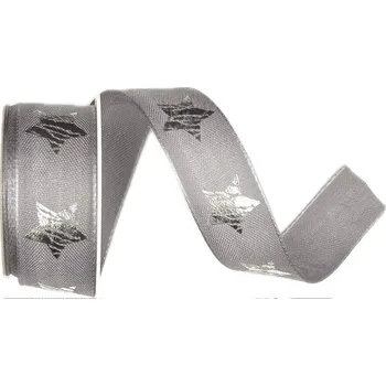 Stuha Stuha vánoční RUSTIC STAR GRAY šedá 25mm x 2m (12,-Kč/m) (Stuha vánoční bavlněná, stříbrný potisk, s vlascem v lemu)