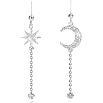 Náušnice Visací náušnice ze stříbra 925 - hvězda, půlměsíc, krátký řetízek, čiré zirkony, afro háček