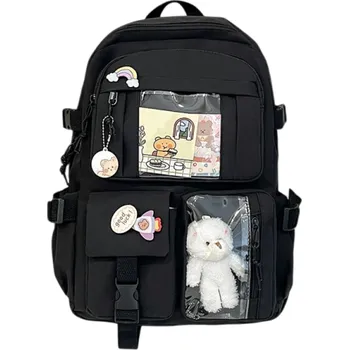 Dětský batoh Stylový lehký batoh 39 x 30 x 13 cm Nylonový školní batoh s průhlednou kapsou Vhodný do školy Na výlety Do města Studentský batoh černá