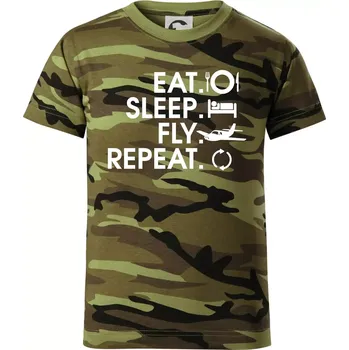 Eat sleep fly repeat - Dětské maskáčové triko - 122 cm/6 let ( Zelený maskáč )