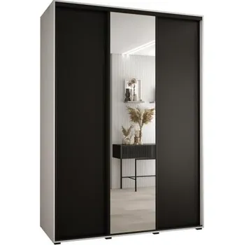 Šatní skříň Šatní skříň s posuvnými dveřmi a zrcadlem DAVOS 170cm | Bílá / černá / černé pojezdy