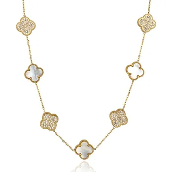 Náhrdelník Flamenco Mystique Pozlacený náhrdelník z chirurgické oceli 14k se znakem jetele, perletí a kubickou zirkonií NST2175