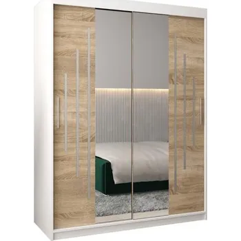 Šatní skříň Šatní skříň s posuvnými dveřmi a dvoudílným zrcadlem YORK1 - 150x200cm -Bílá-Dub Sonoma-