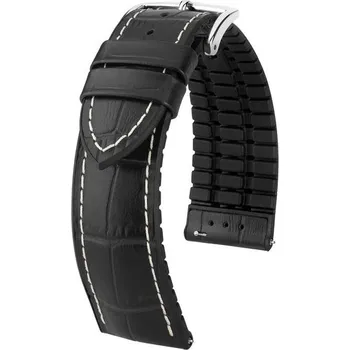 Řemínek na hodinky Řemínek Hirsch George - černý, bílé prošití - 20 mm - L – Standardní délka (doporučujeme) - 18 mm - Stříbrná + 5 let záruka a dárek ZDARMA