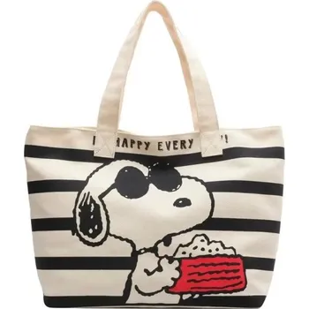 Nákupní taška Plátěná látková taška s černobílým potiskem psa a popcornu Stylová nákupní taška Přes rameno Zip Dvojitá ucha