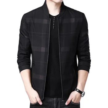 Pánská větrovka Pánská károvaná bunda na zip Elegantní bunda s kostkovaným vzorem Lehká jarní bunda do města Módní pánská bunda ke kalhotám i džínům černá L