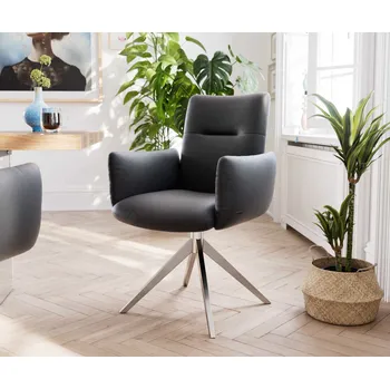 Jídelní židle DELIFE Jídelní židle Jova-Flex s područkami pravá kůže černá široká kovová podnož z nerezové oceli otočná o 360° taštičkové pružiny