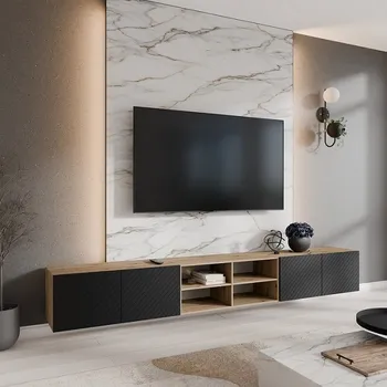 Televizní stolek Moderní TV stolek s policí KLER 300 cm - dub artisan/černý mat