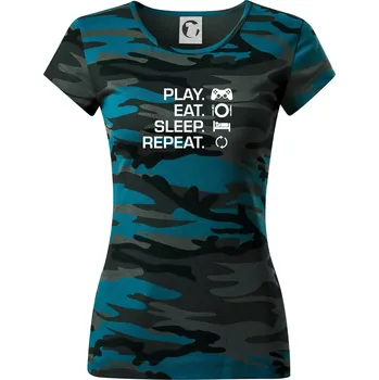 Dámské oblečení Play Eat Sleep Repeat game - Dámské maskáčové triko - S ( Petrolejová maskáč )