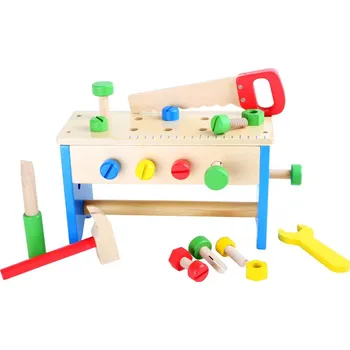 Výuková hračka small foot Dřevěný pracovní stůl a box s nářadím 2v1