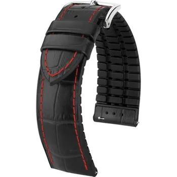 Řemínek na hodinky Řemínek Hirsch George - černý, červené prošití - 22 mm - L – Standardní délka (doporučujeme) - 20 mm - Stříbrná + 5 let záruka a dárek ZDARMA