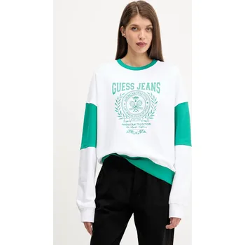 Dámská mikina Bavlněná mikina Guess Jeans dámská, bílá barva, s potiskem, W5YQ20 K68I4 W5YQ20.K68I4 00X, vel. S