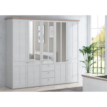 Šatní skříň Šatní skříň Ilsa se šuplíky a zrcadlem 254x217x62 cm, bílá a bělený dub (3998)