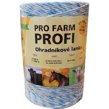 Ohradník PROFARM Lanko PREMIUM pro el. ohradník, 3x0,20 mm Niro + 3x0,25 mm CuSn, 500 m, bílo-modrá