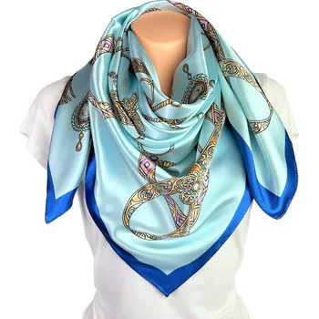 Šátek Classic Scarf Modrý tyrkysový viskózový dámský šátek na krk s ornamenty, růžice 90 cm čtvercový