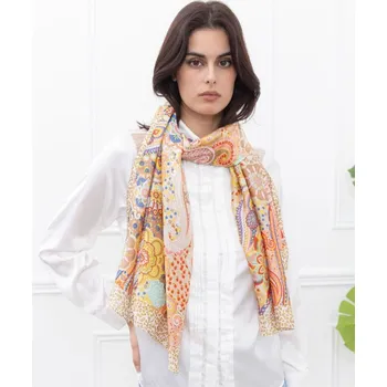 Šála Classic Scarf PAISLEY šála na krk béžová s barevnými květinami a paisley vzorem, štola přes šaty