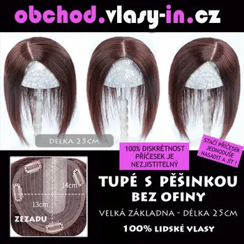 Paruka Tupé bez ofinky s pěšinkou - 25cm - pravé vlasy 4 - středně hnědá Uprostřed