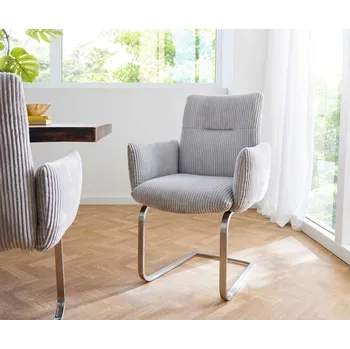 Jídelní židle DELIFE Jídelní židle Jova-Flex s područkami plyšový manšestr stříbrně šedá jídelní židle plochá nerezová ocel taštičkové pružiny