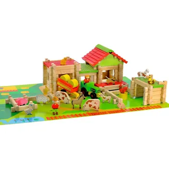 Výuková hračka Jeujura Dřevěná stavebnice 130 dílů Moje první velká farma, traktor a přívěs